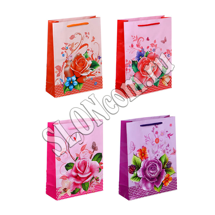 Пакет подарочный бумажный Цветы 18x24x7 см, 4 дизайна - Фото