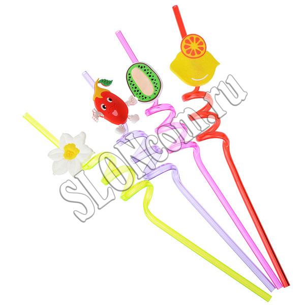 Трубочки для напитков Фрукты-Крэйзи цветные 4 шт, 260 х 5 мм, 437-028 - Фото