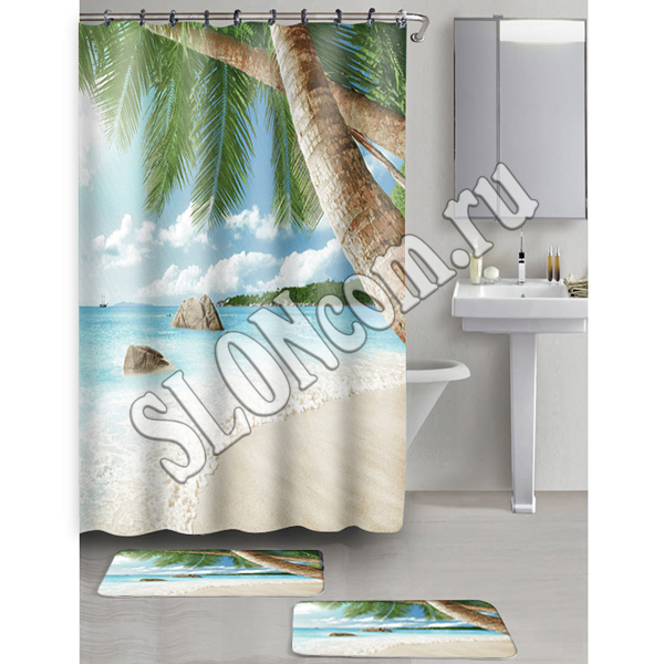 Набор из 3-х предметов для ванной Пляж: 2 коврика, занавеска - Фото