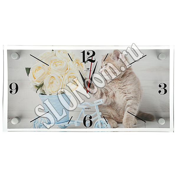 Часы настенные 19х39 см, Котенок и цветы - Фото