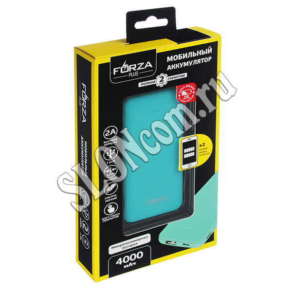 Аккумулятор мобильный, 4000 мАч, USB, 2А, прорезиненное покрытие, Forza - Фото