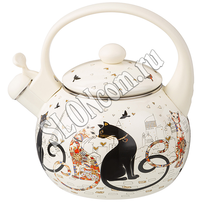 Чайник эмалированный Парижские коты со свистком 2,2 л - Фото