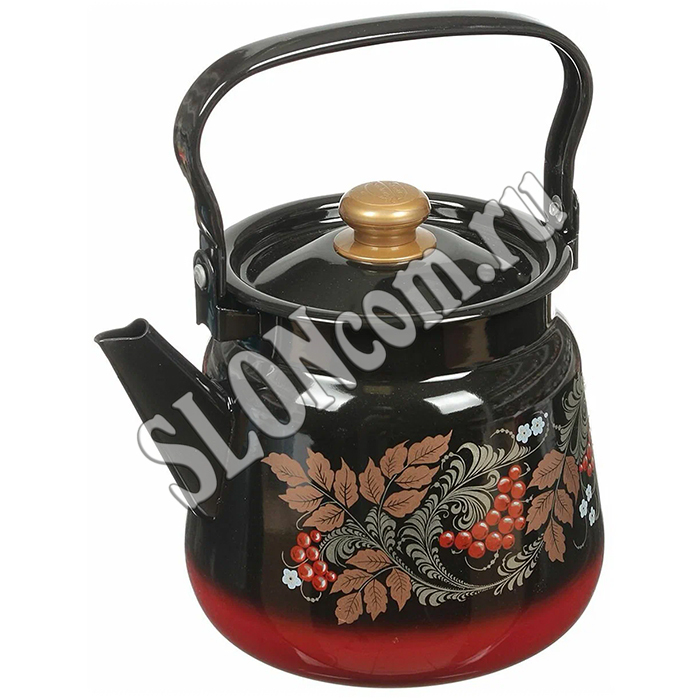 Чайник эмалированный 3,5 литра с рисунком красно-черный - Фото