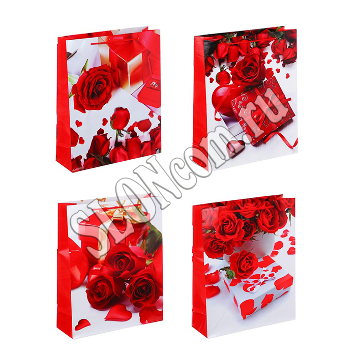 Пакет подарочный бумажный Розы 26x32x9 см, 4 дизайна - Фото