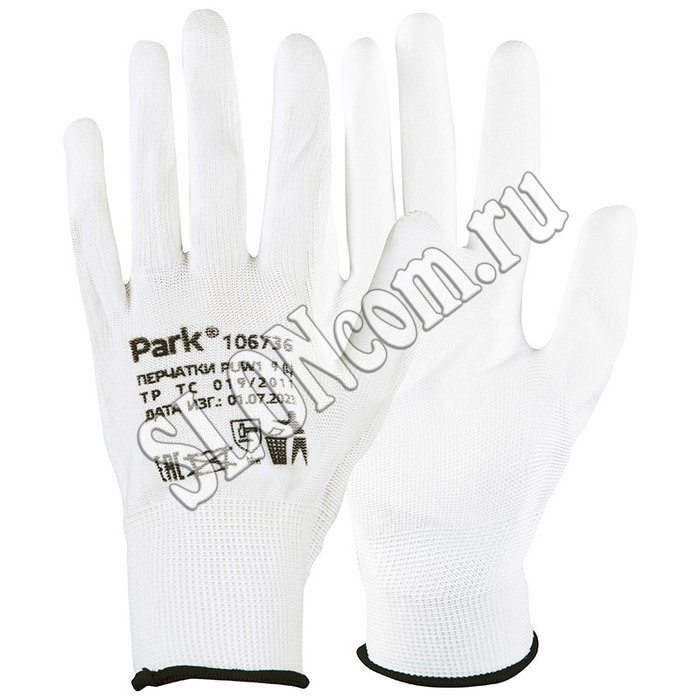Перчатки рабочие с полиуретановым покрытием размер L, белые, PUW1 - Фото
